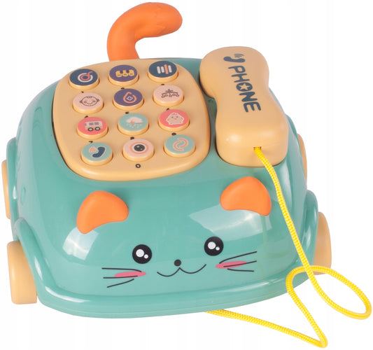 Telefon Interactiv Stil Pisicuta Happy Cat idealStore, Dimensiuni 12.5 x 14 x 6.5 cm, Cantece de Leagan, Diverse Melodii si Sunete Interactive, Urechi Stralucitoare, Culori Vii Atragatoare