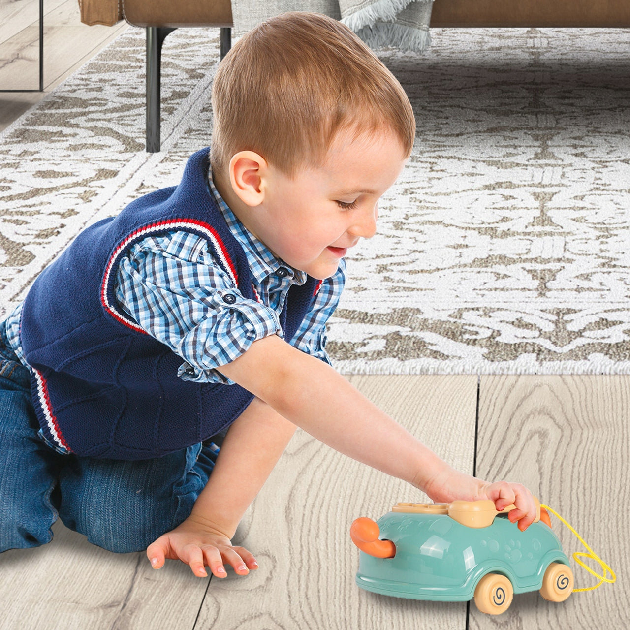 Telefon Interactiv Stil Pisicuta Happy Cat idealStore, Dimensiuni 12.5 x 14 x 6.5 cm, Cantece de Leagan, Diverse Melodii si Sunete Interactive, Urechi Stralucitoare, Culori Vii Atragatoare