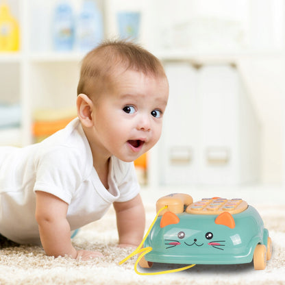 Telefon Interactiv Stil Pisicuta Happy Cat idealStore, Dimensiuni 12.5 x 14 x 6.5 cm, Cantece de Leagan, Diverse Melodii si Sunete Interactive, Urechi Stralucitoare, Culori Vii Atragatoare