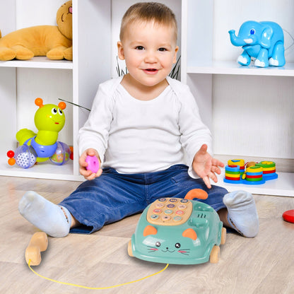 Telefon Interactiv Stil Pisicuta Happy Cat idealStore, Dimensiuni 12.5 x 14 x 6.5 cm, Cantece de Leagan, Diverse Melodii si Sunete Interactive, Urechi Stralucitoare, Culori Vii Atragatoare