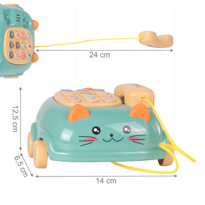Telefon Interactiv Stil Pisicuta Happy Cat idealStore, Dimensiuni 12.5 x 14 x 6.5 cm, Cantece de Leagan, Diverse Melodii si Sunete Interactive, Urechi Stralucitoare, Culori Vii Atragatoare