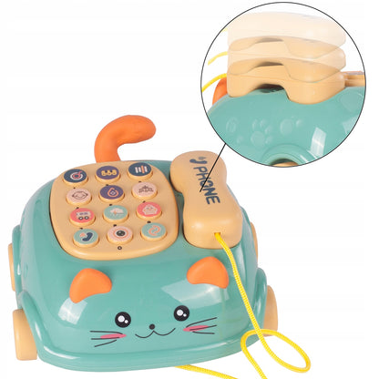 Telefon Interactiv Stil Pisicuta Happy Cat idealStore, Dimensiuni 12.5 x 14 x 6.5 cm, Cantece de Leagan, Diverse Melodii si Sunete Interactive, Urechi Stralucitoare, Culori Vii Atragatoare