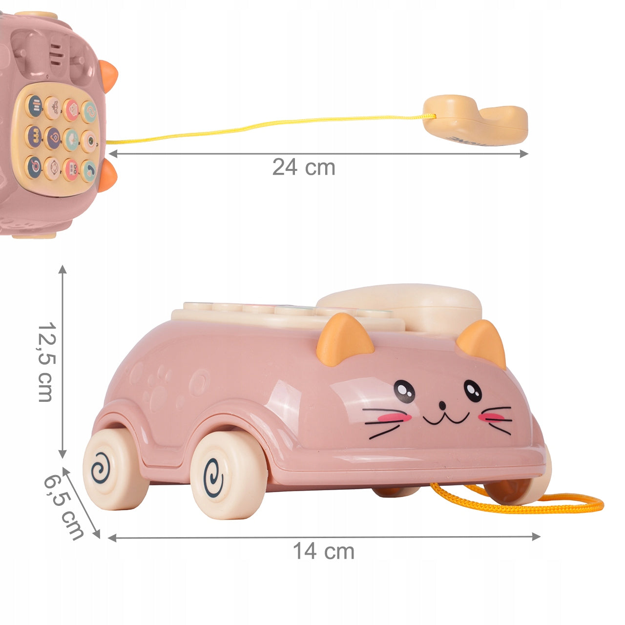 Telefon Interactiv Stil Pisicuta Happy Cat idealStore, Dimensiuni 12.5 x 14 x 6.5 cm, Cantece de Leagan, Diverse Melodii si Sunete Interactive, Urechi Stralucitoare, Culori Vii Atragatoare, Roz