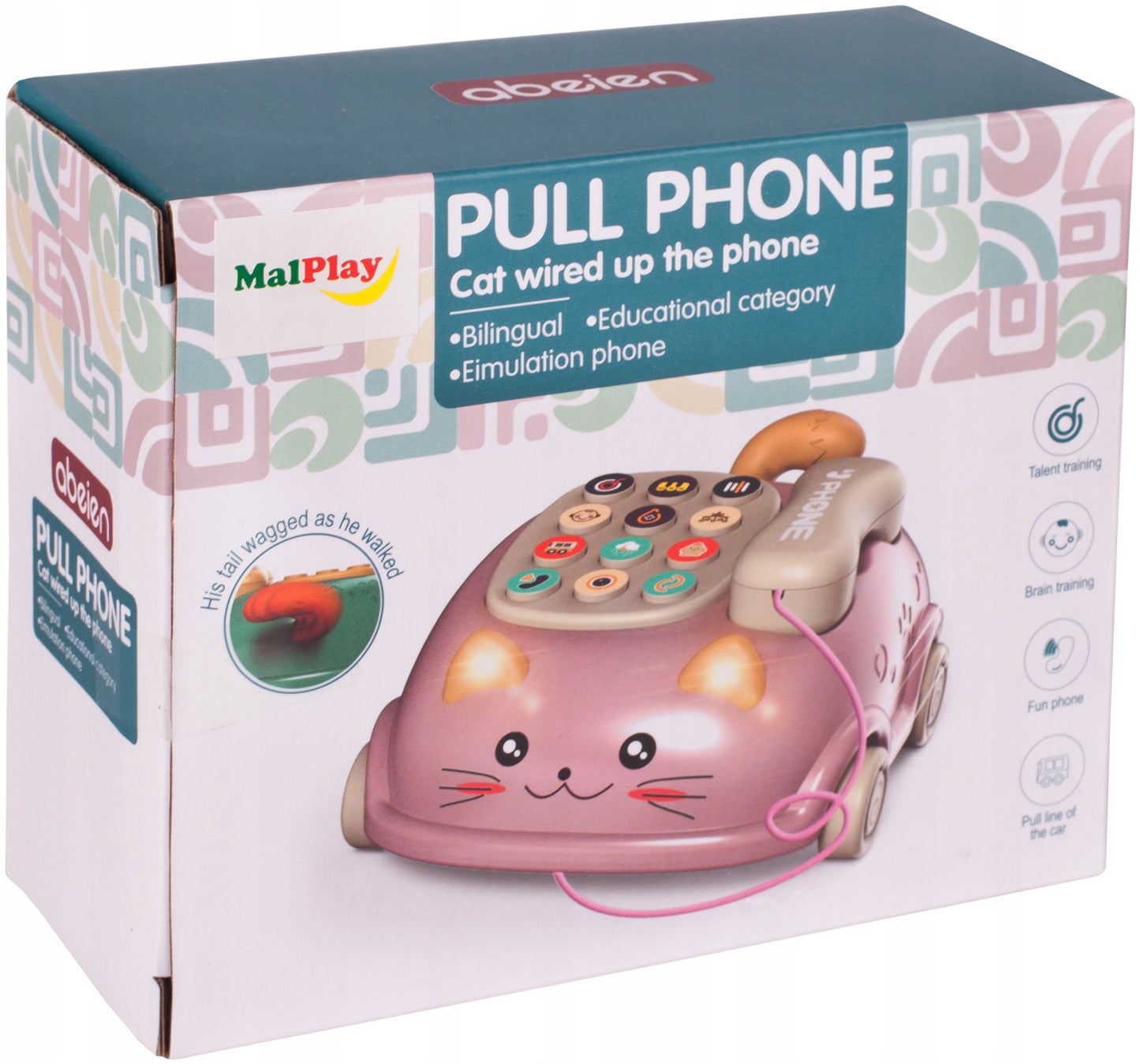 Telefon Interactiv Stil Pisicuta Happy Cat idealStore, Dimensiuni 12.5 x 14 x 6.5 cm, Cantece de Leagan, Diverse Melodii si Sunete Interactive, Urechi Stralucitoare, Culori Vii Atragatoare, Roz