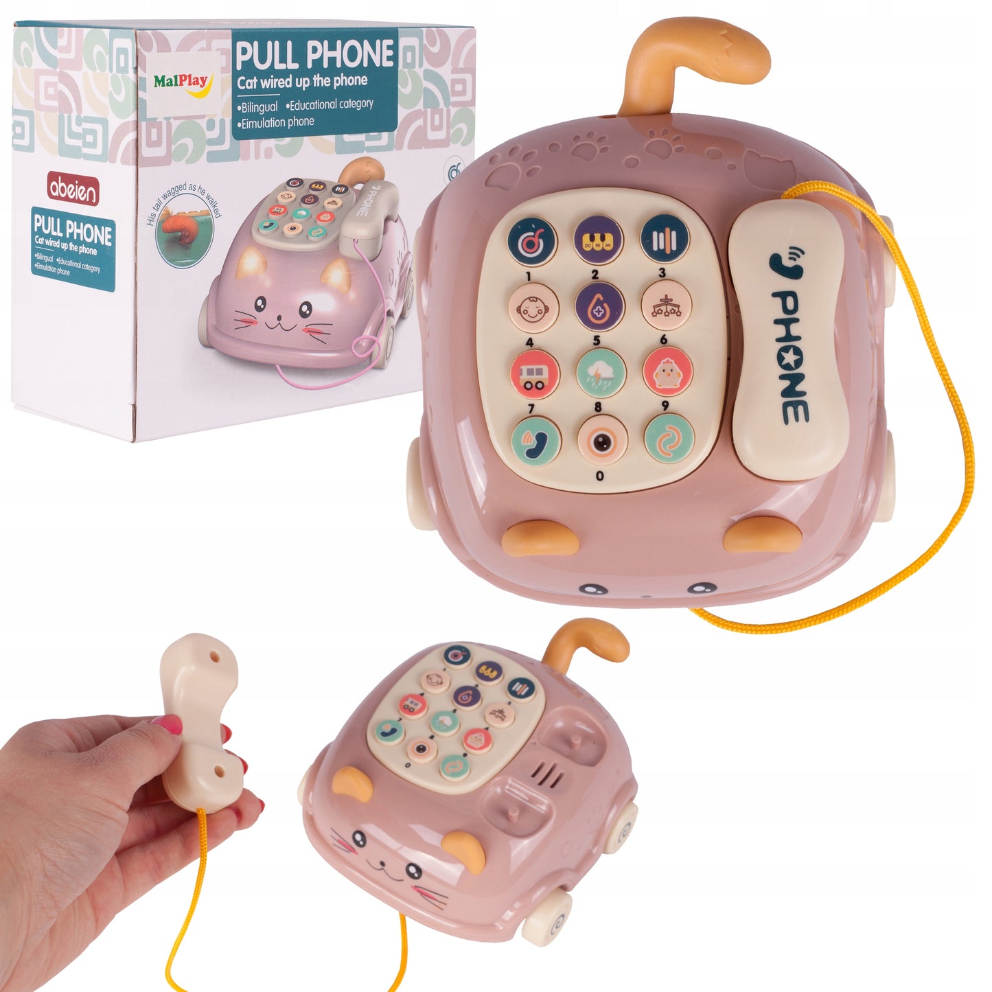 Telefon Interactiv Stil Pisicuta Happy Cat idealStore, Dimensiuni 12.5 x 14 x 6.5 cm, Cantece de Leagan, Diverse Melodii si Sunete Interactive, Urechi Stralucitoare, Culori Vii Atragatoare, Roz