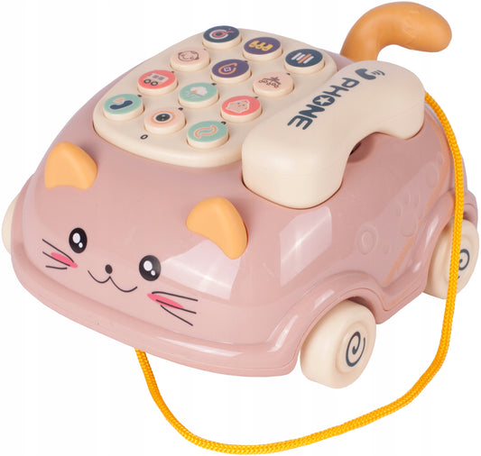 Telefon Interactiv Stil Pisicuta Happy Cat idealStore, Dimensiuni 12.5 x 14 x 6.5 cm, Cantece de Leagan, Diverse Melodii si Sunete Interactive, Urechi Stralucitoare, Culori Vii Atragatoare, Roz