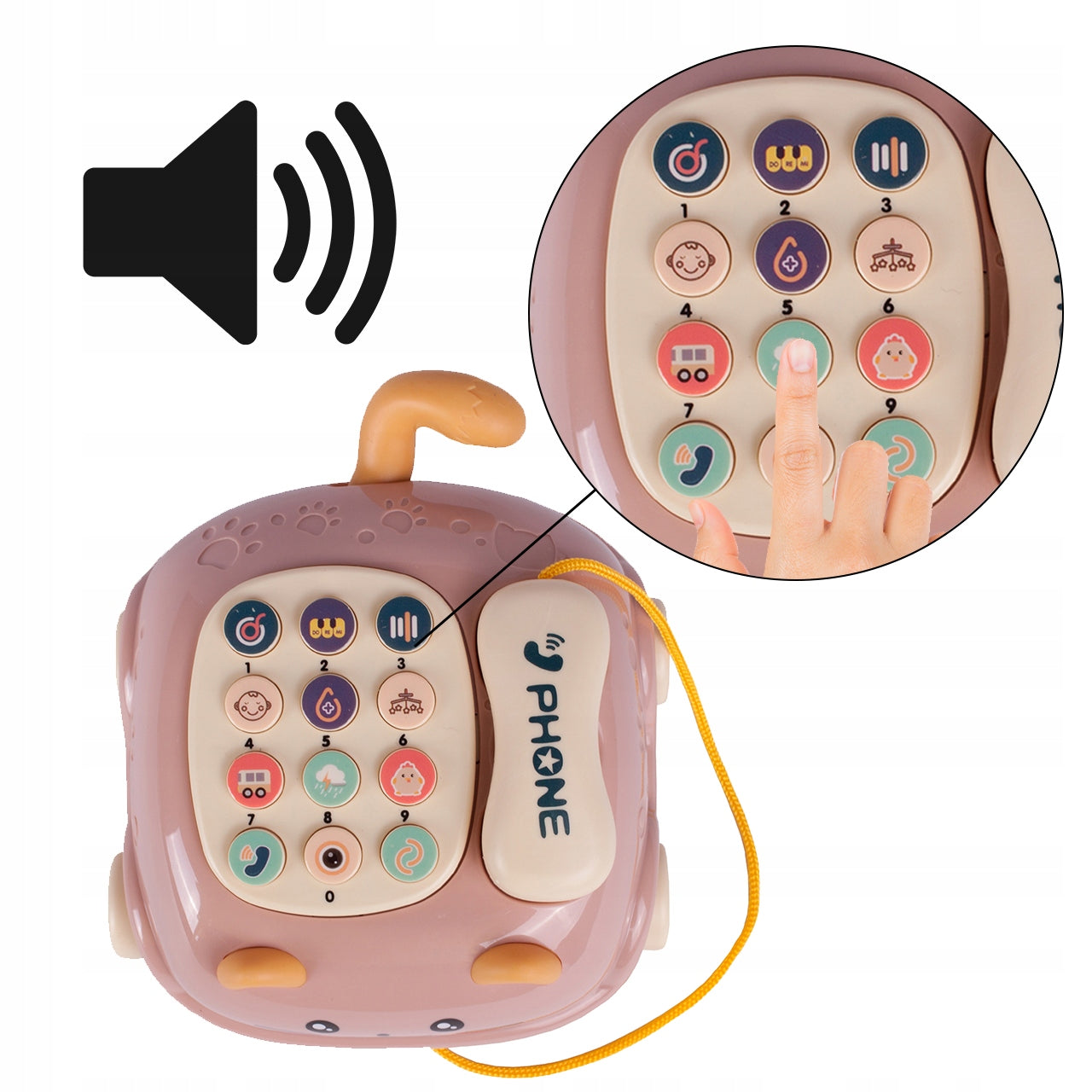 Telefon Interactiv Stil Pisicuta Happy Cat idealStore, Dimensiuni 12.5 x 14 x 6.5 cm, Cantece de Leagan, Diverse Melodii si Sunete Interactive, Urechi Stralucitoare, Culori Vii Atragatoare, Roz