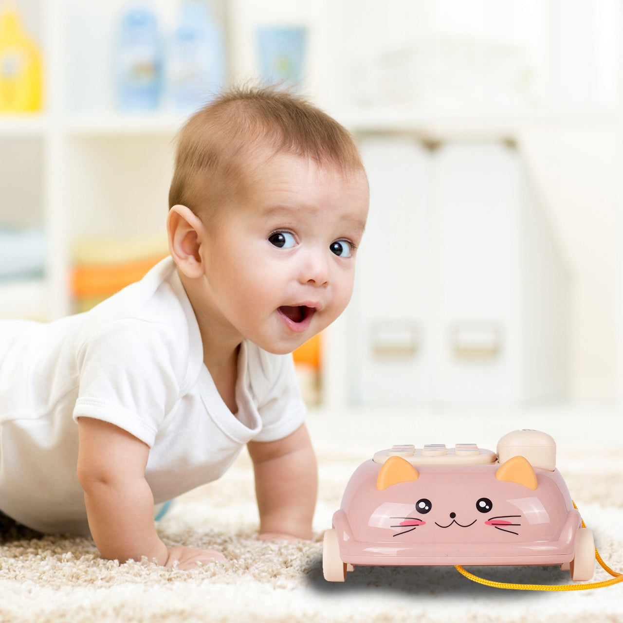 Telefon Interactiv Stil Pisicuta Happy Cat idealStore, Dimensiuni 12.5 x 14 x 6.5 cm, Cantece de Leagan, Diverse Melodii si Sunete Interactive, Urechi Stralucitoare, Culori Vii Atragatoare, Roz