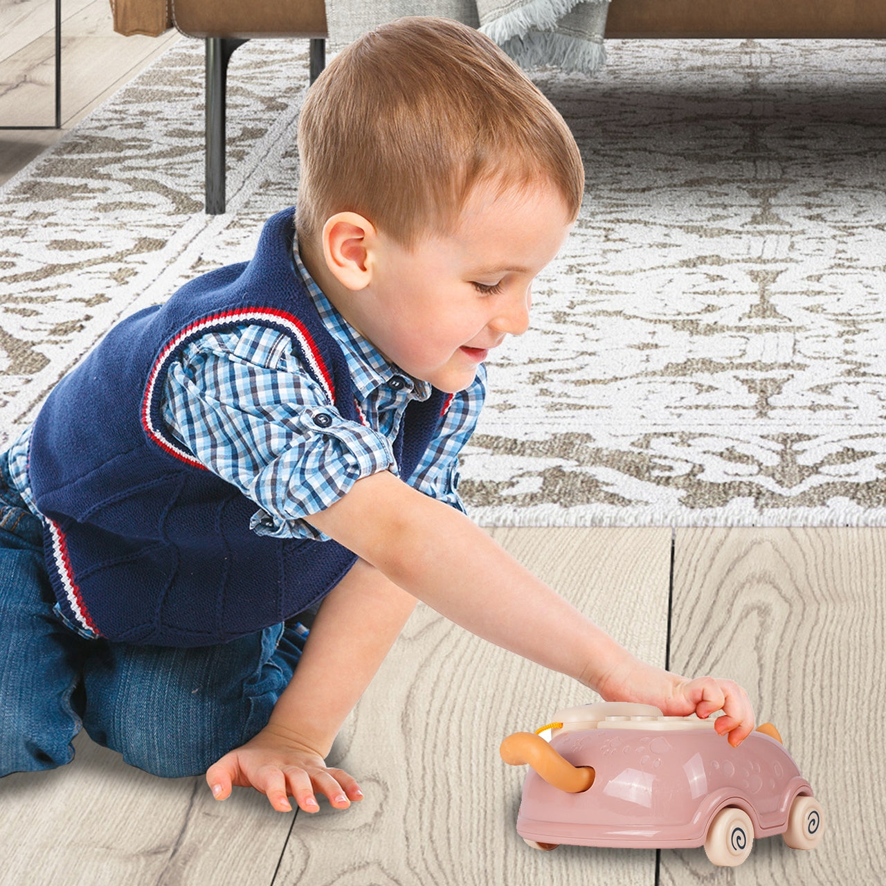 Telefon Interactiv Stil Pisicuta Happy Cat idealStore, Dimensiuni 12.5 x 14 x 6.5 cm, Cantece de Leagan, Diverse Melodii si Sunete Interactive, Urechi Stralucitoare, Culori Vii Atragatoare, Roz