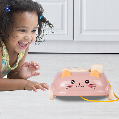 Telefon Interactiv Stil Pisicuta Happy Cat idealStore, Dimensiuni 12.5 x 14 x 6.5 cm, Cantece de Leagan, Diverse Melodii si Sunete Interactive, Urechi Stralucitoare, Culori Vii Atragatoare, Roz