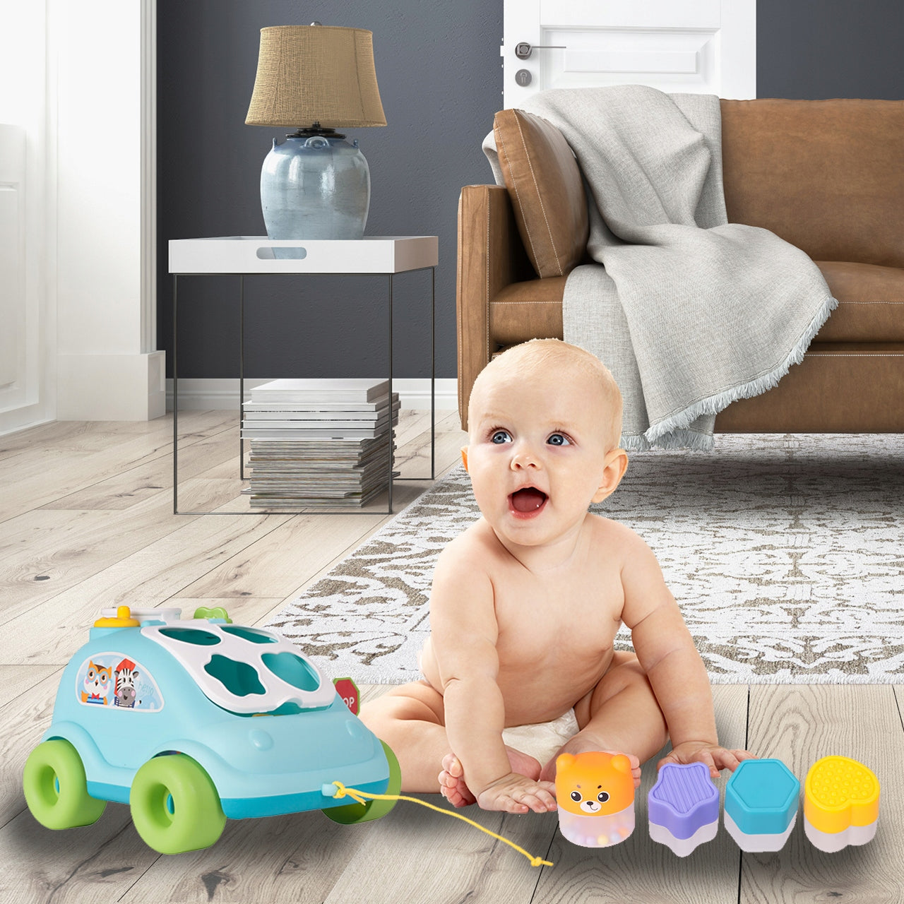 Masina Interactiva Stil Telefon cu Blocuri Colorate Funny Car idealStore, Dimensiuni 22 x 18 x 14 cm, Multicolora, Cuburi in Diferite Forme Dezvolta Abilitatile Stimulative