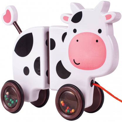 Jucarie interactiva Tip Vacuta Happy Cow idealSTORE, Dimensiune 18 x 19 x 9 cm, Dotata cu Sfoara Fabricat din plastic de inalta calitate, Roti inconjurate cu cauciuc, Pline cu bile, Posibilitatea de a se separa in 2 parti