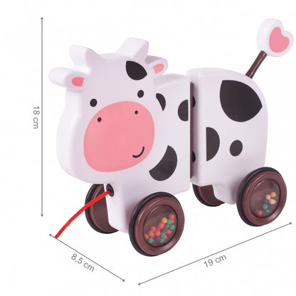 Jucarie interactiva Tip Vacuta Happy Cow idealSTORE, Dimensiune 18 x 19 x 9 cm, Dotata cu Sfoara Fabricat din plastic de inalta calitate, Roti inconjurate cu cauciuc, Pline cu bile, Posibilitatea de a se separa in 2 parti