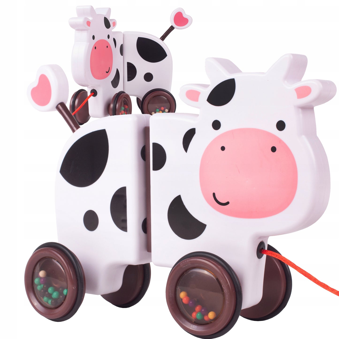 Jucarie interactiva Tip Vacuta Happy Cow idealSTORE, Dimensiune 18 x 19 x 9 cm, Dotata cu Sfoara Fabricat din plastic de inalta calitate, Roti inconjurate cu cauciuc, Pline cu bile, Posibilitatea de a se separa in 2 parti