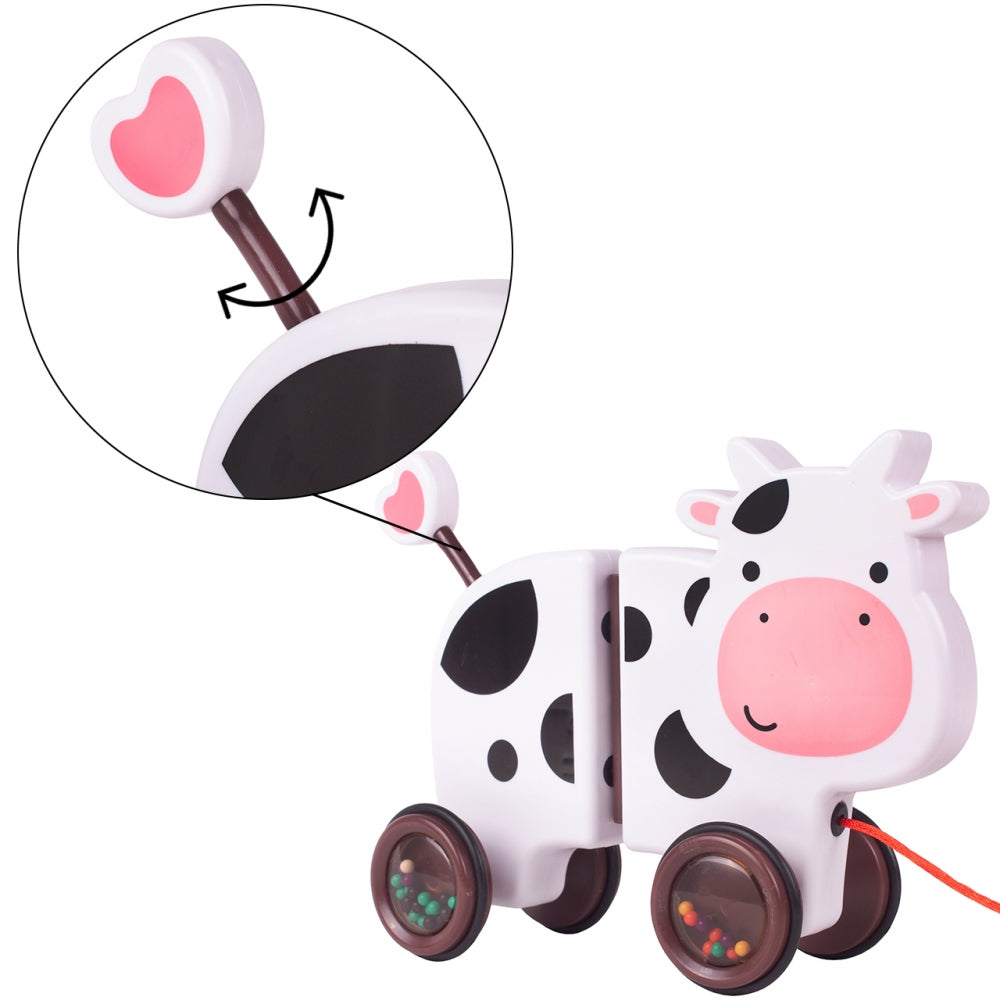 Jucarie interactiva Tip Vacuta Happy Cow idealSTORE, Dimensiune 18 x 19 x 9 cm, Dotata cu Sfoara Fabricat din plastic de inalta calitate, Roti inconjurate cu cauciuc, Pline cu bile, Posibilitatea de a se separa in 2 parti
