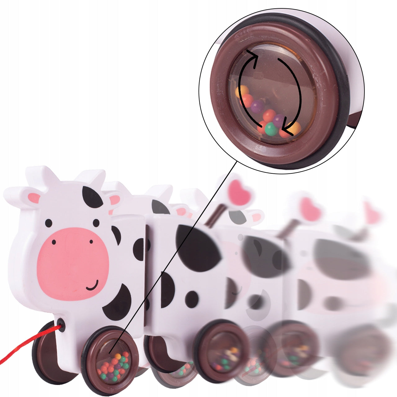 Jucarie interactiva Tip Vacuta Happy Cow idealSTORE, Dimensiune 18 x 19 x 9 cm, Dotata cu Sfoara Fabricat din plastic de inalta calitate, Roti inconjurate cu cauciuc, Pline cu bile, Posibilitatea de a se separa in 2 parti