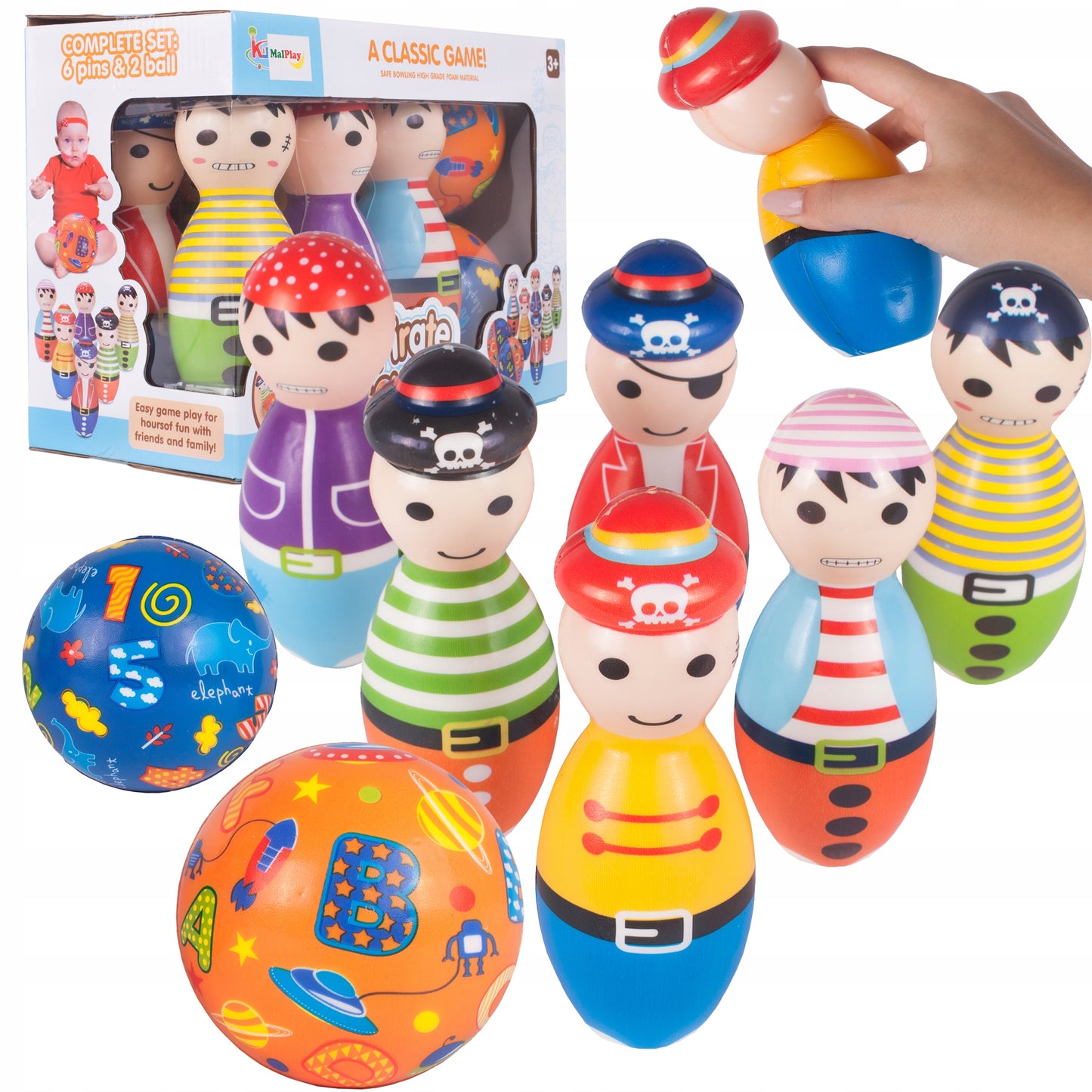 Set Bowling cu 6 Popice si 2 Bile idealStore Little Pirate, Spuma Moale, dezvolta Creativitatea si Indemanarea, utilizare Interior Exterior, Multicolor