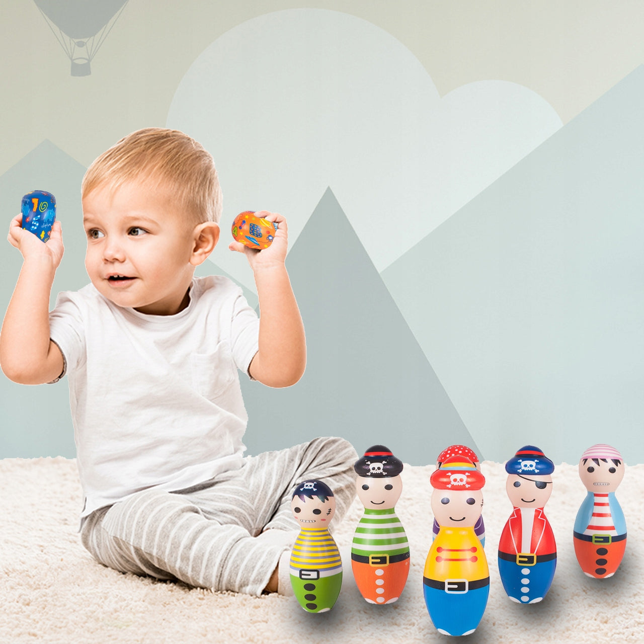 Set Bowling cu 6 Popice si 2 Bile idealStore Little Pirate, Spuma Moale, dezvolta Creativitatea si Indemanarea, utilizare Interior Exterior, Multicolor