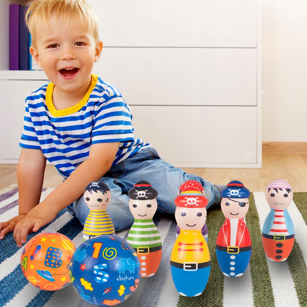 Set Bowling cu 6 Popice si 2 Bile idealStore Little Pirate, Spuma Moale, dezvolta Creativitatea si Indemanarea, utilizare Interior Exterior, Multicolor