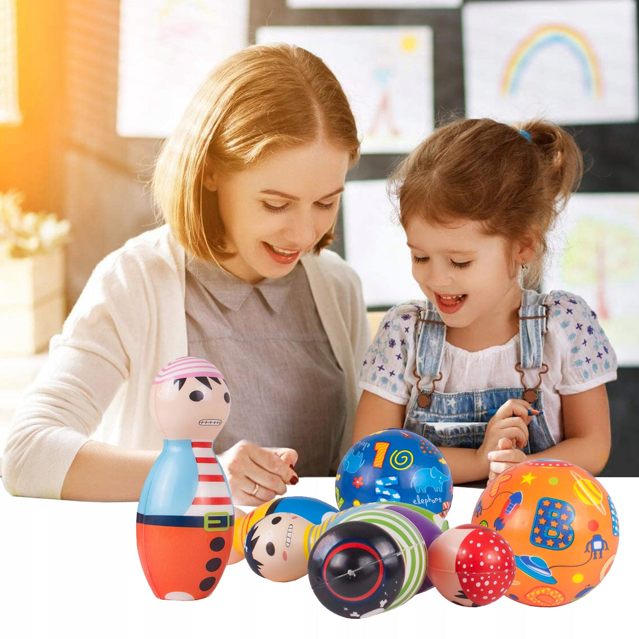 Set Bowling cu 6 Popice si 2 Bile idealStore Little Pirate, Spuma Moale, dezvolta Creativitatea si Indemanarea, utilizare Interior Exterior, Multicolor