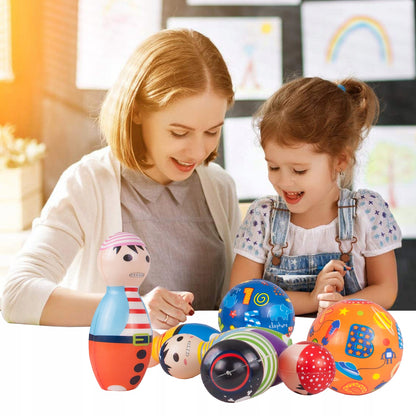 Set Bowling cu 6 Popice si 2 Bile idealStore Little Pirate, Spuma Moale, dezvolta Creativitatea si Indemanarea, utilizare Interior Exterior, Multicolor