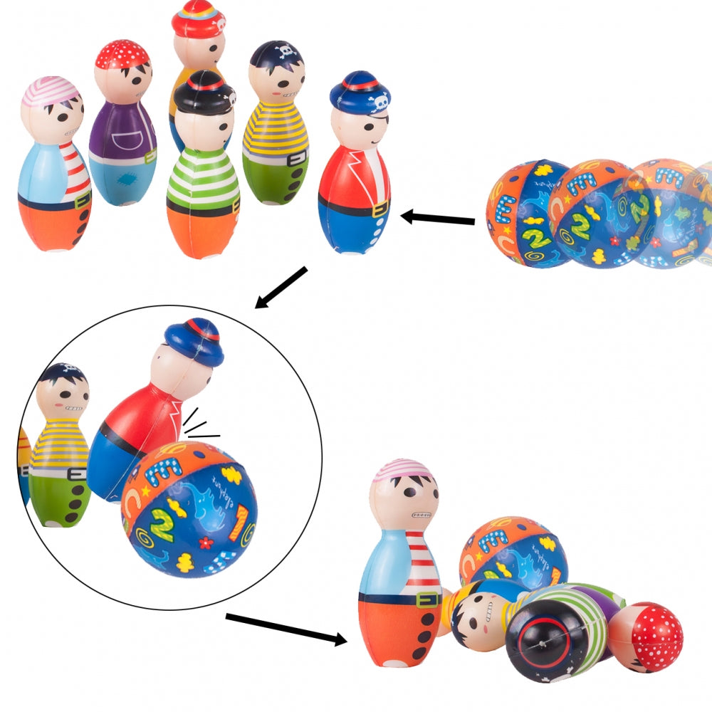 Set Bowling cu 6 Popice si 2 Bile idealStore Little Pirate, Spuma Moale, dezvolta Creativitatea si Indemanarea, utilizare Interior Exterior, Multicolor