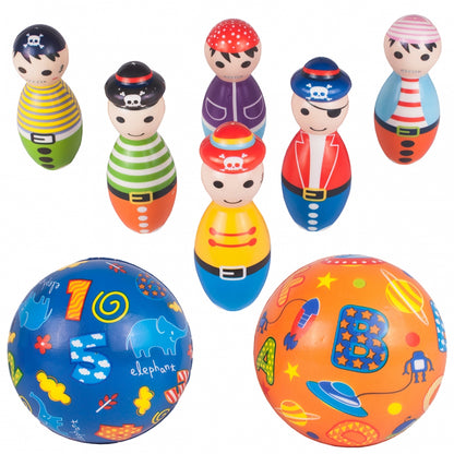 Set Bowling cu 6 Popice si 2 Bile idealStore Little Pirate, Spuma Moale, dezvolta Creativitatea si Indemanarea, utilizare Interior Exterior, Multicolor