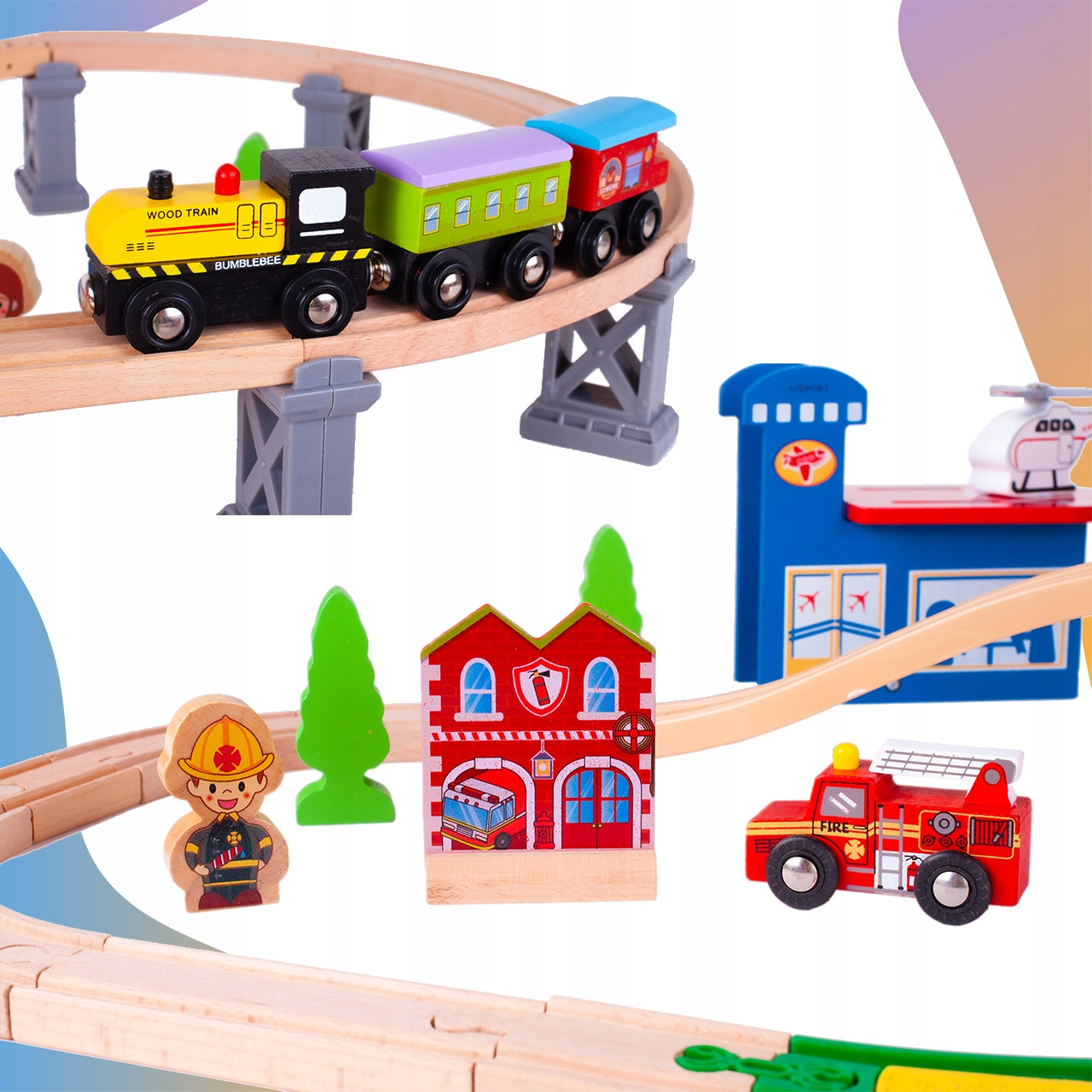 Pista Multifunctionala Merry Train idealSTORE din Lemn Natural, Construita din 70 de piese, Locomotiva + 2 vagoane cu magnet, Elicopter cu elice, Heliport, Detasament de Pompieri, Politie, Copaci, Indicatoare rutiere, Oameni, Piese Slefuite fin din lemn
