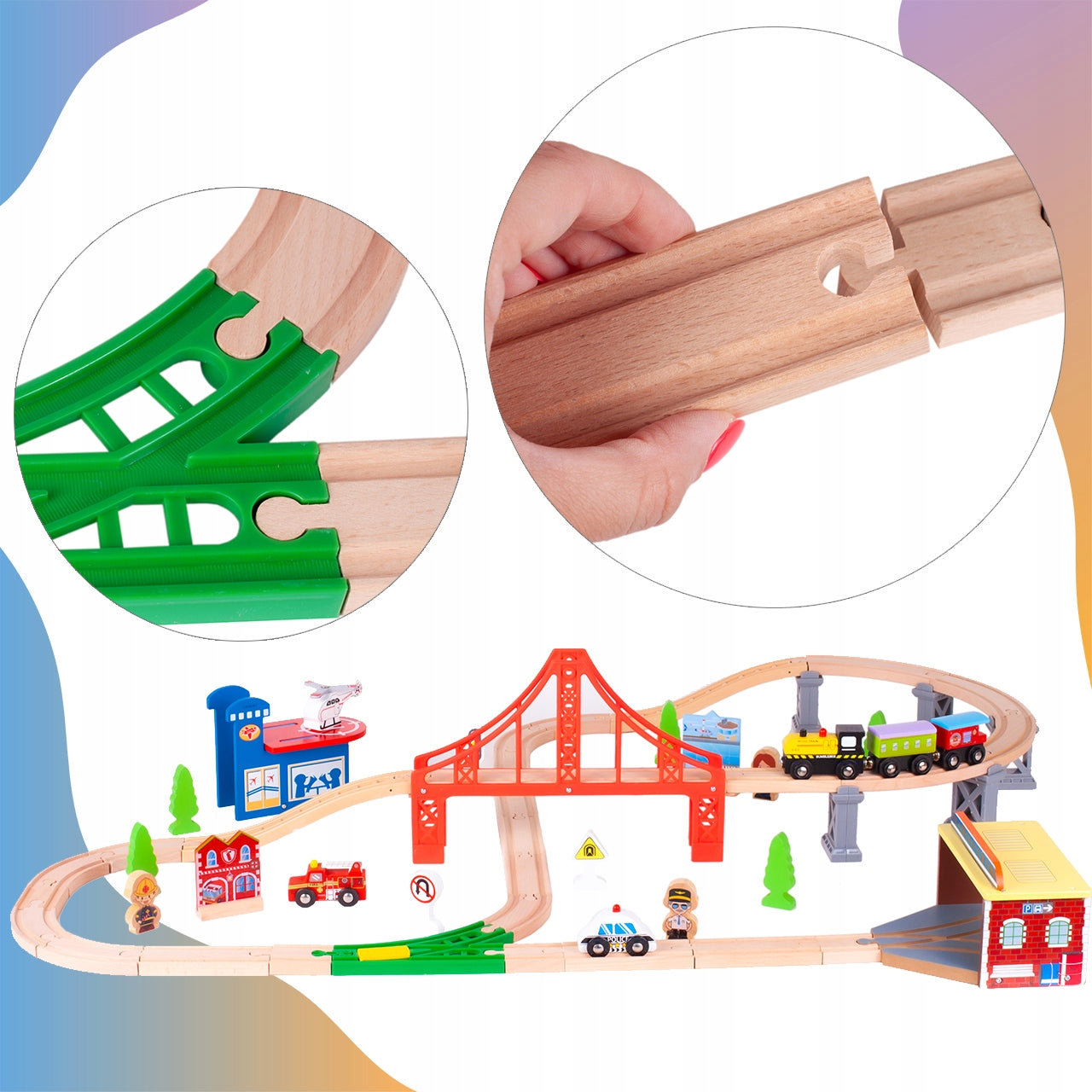 Pista Multifunctionala Merry Train idealSTORE din Lemn Natural, Construita din 70 de piese, Locomotiva + 2 vagoane cu magnet, Elicopter cu elice, Heliport, Detasament de Pompieri, Politie, Copaci, Indicatoare rutiere, Oameni, Piese Slefuite fin din lemn