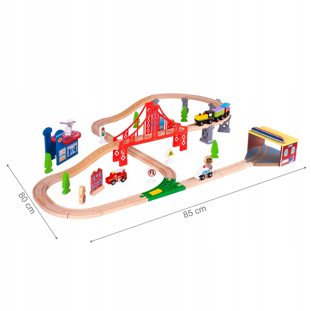 Pista Multifunctionala Merry Train idealSTORE din Lemn Natural, Construita din 70 de piese, Locomotiva + 2 vagoane cu magnet, Elicopter cu elice, Heliport, Detasament de Pompieri, Politie, Copaci, Indicatoare rutiere, Oameni, Piese Slefuite fin din lemn