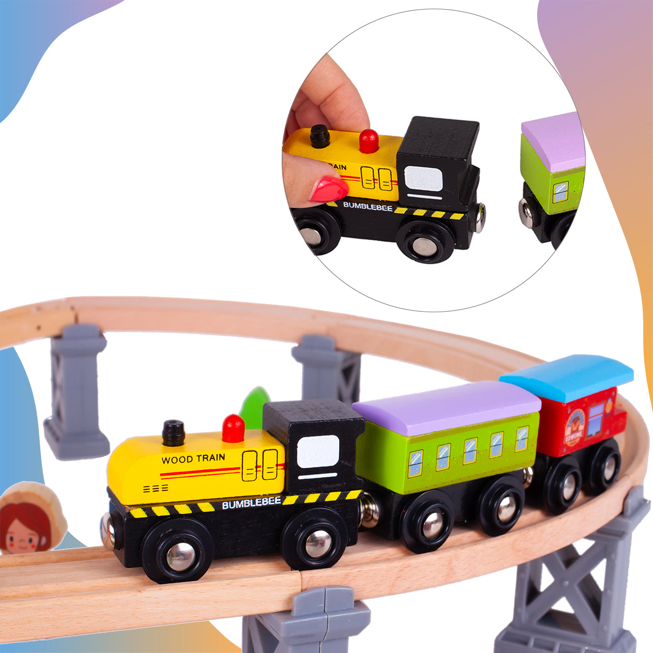 Pista Multifunctionala Merry Train idealSTORE din Lemn Natural, Construita din 70 de piese, Locomotiva + 2 vagoane cu magnet, Elicopter cu elice, Heliport, Detasament de Pompieri, Politie, Copaci, Indicatoare rutiere, Oameni, Piese Slefuite fin din lemn