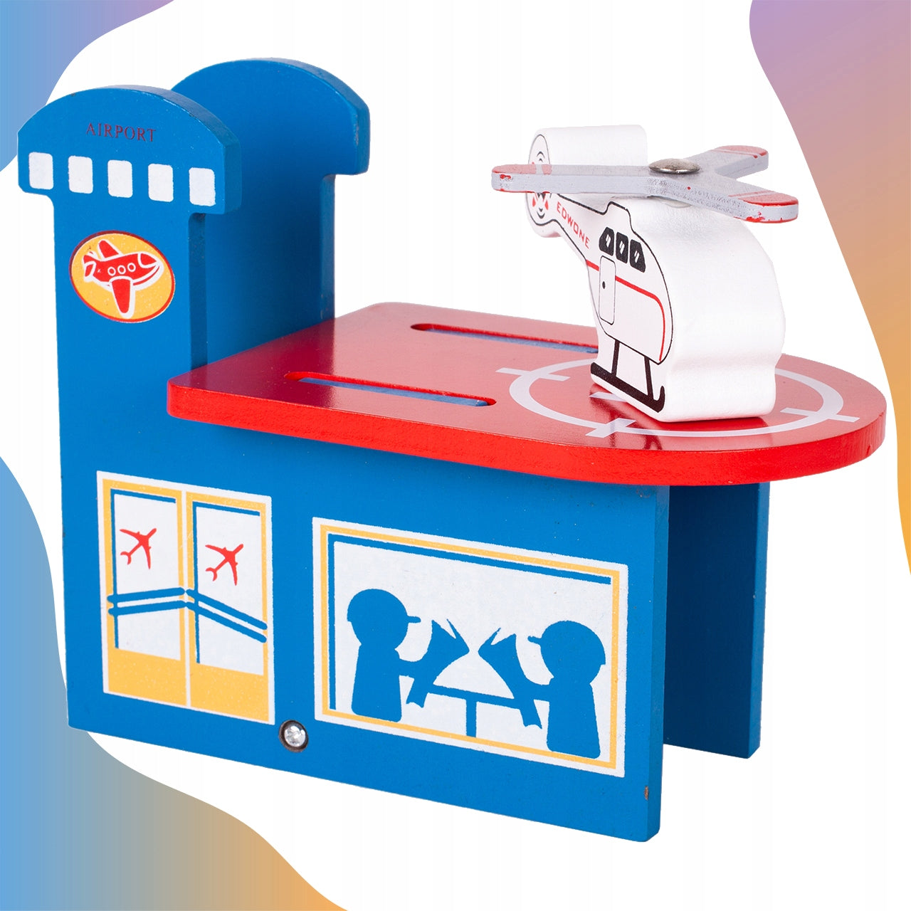 Pista Multifunctionala Merry Train idealSTORE din Lemn Natural, Construita din 70 de piese, Locomotiva + 2 vagoane cu magnet, Elicopter cu elice, Heliport, Detasament de Pompieri, Politie, Copaci, Indicatoare rutiere, Oameni, Piese Slefuite fin din lemn