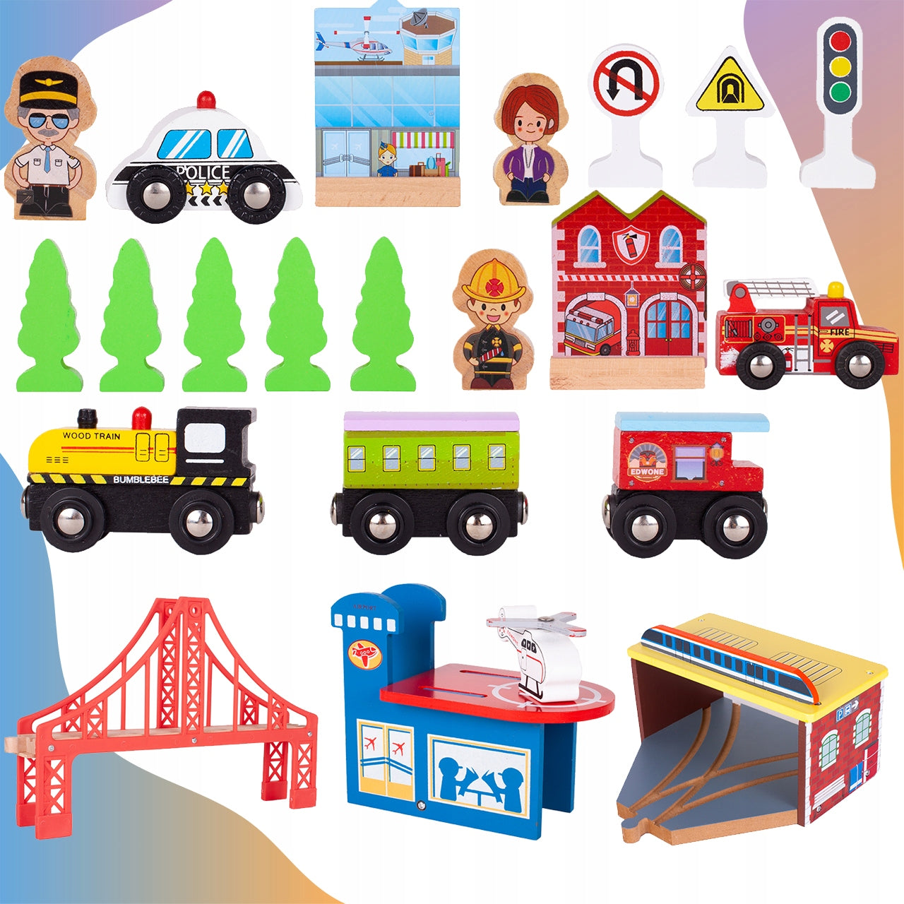Pista Multifunctionala Merry Train idealSTORE din Lemn Natural, Construita din 70 de piese, Locomotiva + 2 vagoane cu magnet, Elicopter cu elice, Heliport, Detasament de Pompieri, Politie, Copaci, Indicatoare rutiere, Oameni, Piese Slefuite fin din lemn