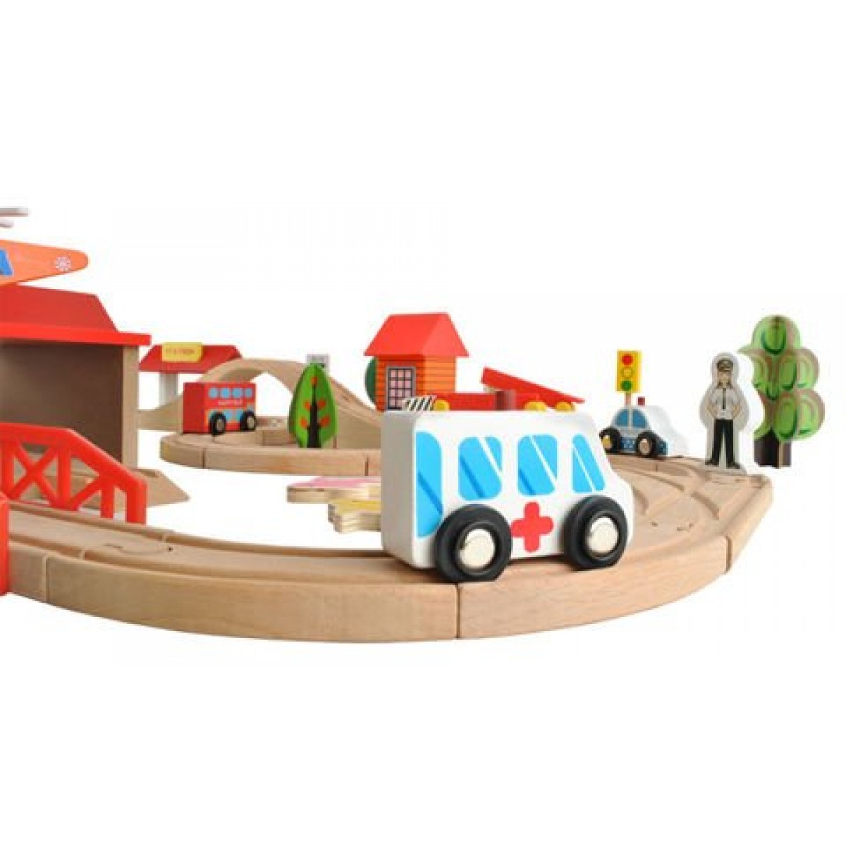 Circuit Trenulet din Lemn Natural Wooden City Traffic Track idealSTORE, Setul include Heliport, Oameni, Copaci, Semne de Circulatie, Lokomotiva, Elicopter, Vagoane, Case, Piese Slefuite fin din lemn