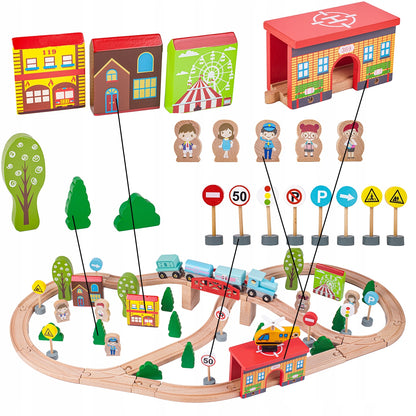 Circuit Trenulet din Lemn Natural Wooden City Traffic Track idealSTORE, Setul include Heliport, Oameni, Copaci, Semne de Circulatie, Lokomotiva, Elicopter, Vagoane, Case, Piese Slefuite fin din lemn