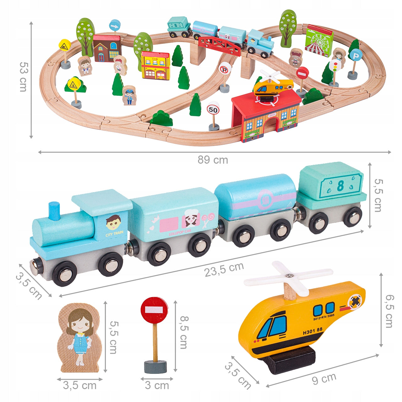 Circuit Trenulet din Lemn Natural Wooden City Traffic Track idealSTORE, Setul include Heliport, Oameni, Copaci, Semne de Circulatie, Lokomotiva, Elicopter, Vagoane, Case, Piese Slefuite fin din lemn