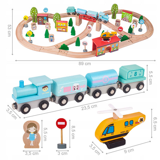 Circuit Trenulet din Lemn Natural Wooden City Traffic Track idealSTORE, Setul include Heliport, Oameni, Copaci, Semne de Circulatie, Lokomotiva, Elicopter, Vagoane, Case, Piese Slefuite fin din lemn