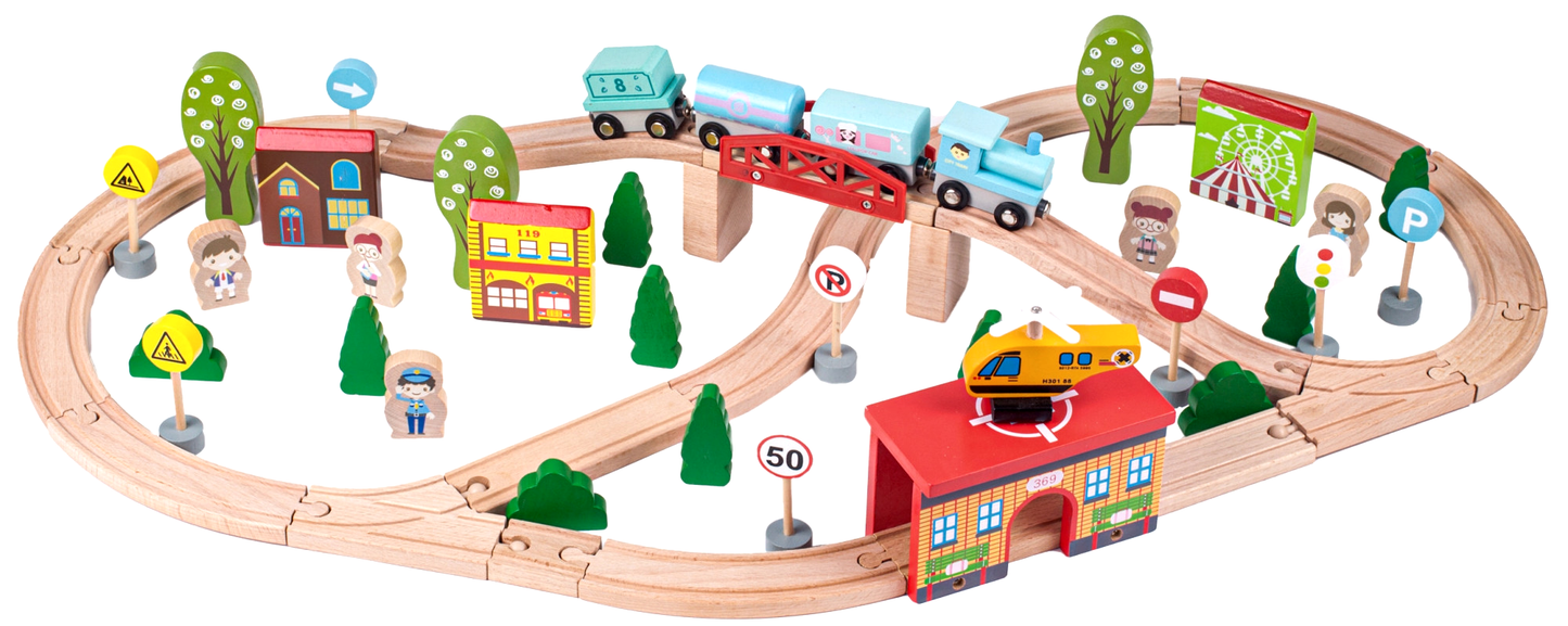 Circuit Trenulet din Lemn Natural Wooden City Traffic Track idealSTORE, Setul include Heliport, Oameni, Copaci, Semne de Circulatie, Lokomotiva, Elicopter, Vagoane, Case, Piese Slefuite fin din lemn