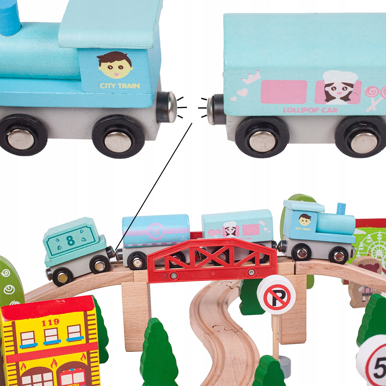 Circuit Trenulet din Lemn Natural Wooden City Traffic Track idealSTORE, Setul include Heliport, Oameni, Copaci, Semne de Circulatie, Lokomotiva, Elicopter, Vagoane, Case, Piese Slefuite fin din lemn