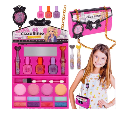 Poseta make up Pliabila idealSTORE pentru fetite, Include o multime de accesorii, NON-TOXIC, Sclipici Pudra, Lac de Unghii, Farduri, Oglinda, Culori luminoase si expresive, Accesorizata cu un lant pentru purtarea posetei oriunde doreste