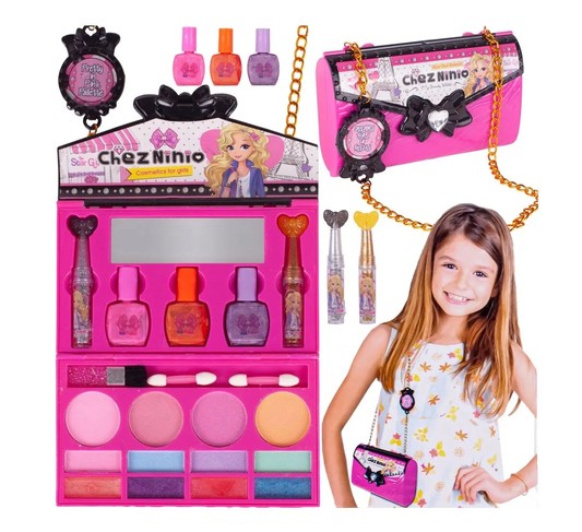 Poseta make up Pliabila idealSTORE pentru fetite, Include o multime de accesorii, NON-TOXIC, Sclipici Pudra, Lac de Unghii, Farduri, Oglinda, Culori luminoase si expresive, Accesorizata cu un lant pentru purtarea posetei oriunde doreste