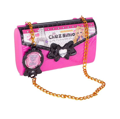 Poseta make up Pliabila idealSTORE pentru fetite, Include o multime de accesorii, NON-TOXIC, Sclipici Pudra, Lac de Unghii, Farduri, Oglinda, Culori luminoase si expresive, Accesorizata cu un lant pentru purtarea posetei oriunde doreste