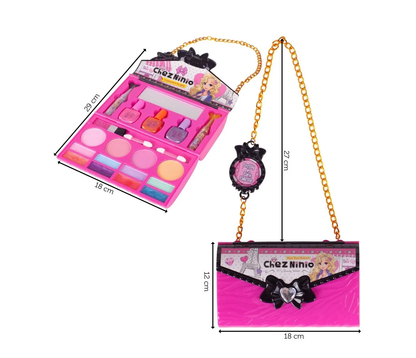 Poseta make up Pliabila idealSTORE pentru fetite, Include o multime de accesorii, NON-TOXIC, Sclipici Pudra, Lac de Unghii, Farduri, Oglinda, Culori luminoase si expresive, Accesorizata cu un lant pentru purtarea posetei oriunde doreste