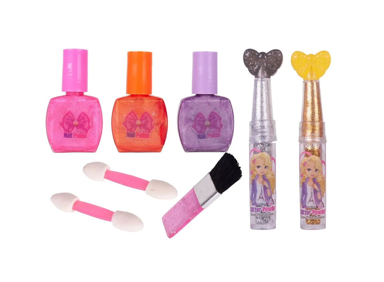 Poseta make up Pliabila idealSTORE pentru fetite, Include o multime de accesorii, NON-TOXIC, Sclipici Pudra, Lac de Unghii, Farduri, Oglinda, Culori luminoase si expresive, Accesorizata cu un lant pentru purtarea posetei oriunde doreste