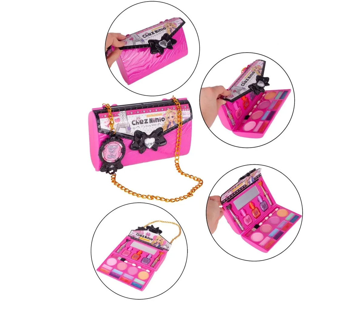 Poseta make up Pliabila idealSTORE pentru fetite, Include o multime de accesorii, NON-TOXIC, Sclipici Pudra, Lac de Unghii, Farduri, Oglinda, Culori luminoase si expresive, Accesorizata cu un lant pentru purtarea posetei oriunde doreste