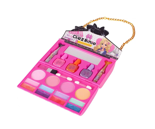 Poseta make up Pliabila idealSTORE pentru fetite, Include o multime de accesorii, NON-TOXIC, Sclipici Pudra, Lac de Unghii, Farduri, Oglinda, Culori luminoase si expresive, Accesorizata cu un lant pentru purtarea posetei oriunde doreste