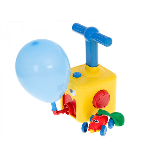 Set Lansator de Baloane CAR POWER IdealStore, 13 X 13 X 22 cm, Multicolor, Include dispozitiv pentru umflarea baloanelor, Lansator,12 baloane, crab, 2 masini,1 cosmonaut,1 racheta, Galben