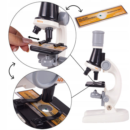 Microscop Stiintific Pentru Copii Scientific Microscope idealStore, Dimensiuni 21 x 12 x 7 cm, Trei Tipuri de Marire, Cap Rotativ, Lampa pentru Iluminat, Inaltime Reglabila, Accesorii Incluse