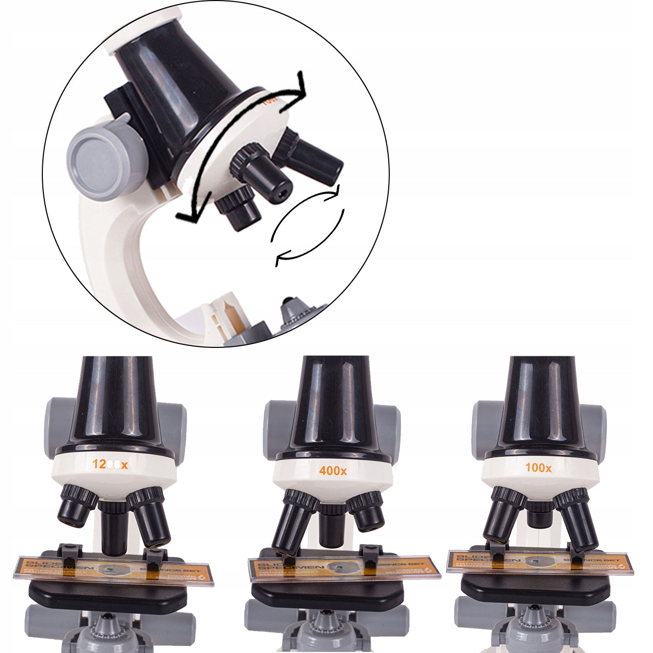 Microscop Stiintific Pentru Copii Scientific Microscope idealStore, Dimensiuni 21 x 12 x 7 cm, Trei Tipuri de Marire, Cap Rotativ, Lampa pentru Iluminat, Inaltime Reglabila, Accesorii Incluse