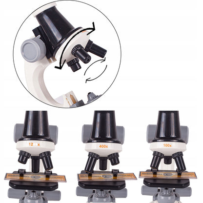 Microscop Stiintific Pentru Copii Scientific Microscope idealStore, Dimensiuni 21 x 12 x 7 cm, Trei Tipuri de Marire, Cap Rotativ, Lampa pentru Iluminat, Inaltime Reglabila, Accesorii Incluse